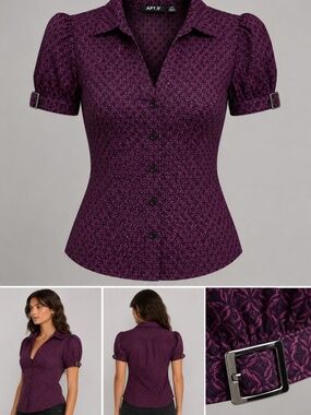 APT9 Eggplant Purple/Black Linked Circle Lattice ButtonUp Business Casual Blouse